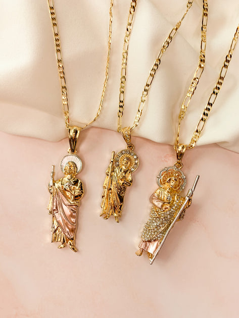 14K Real Gold Saint Jude Pendant Necklace - Small St. Jude Medal On 20" 2mm Curb Chain - PT0102