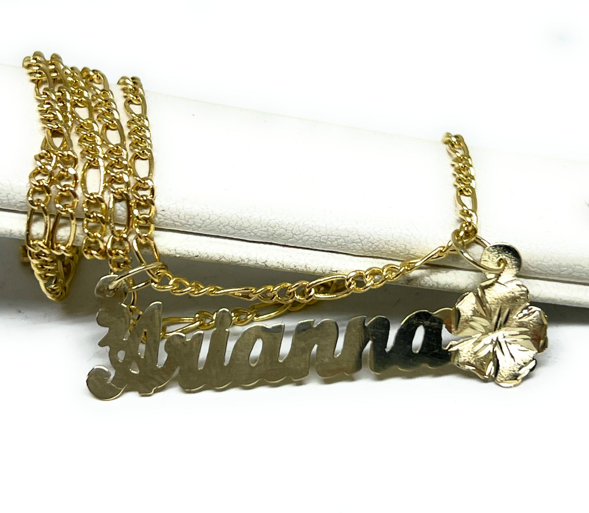 14k Solid Gold Custom PLUMERIA FLOWER Cursive Nameplate Pendant