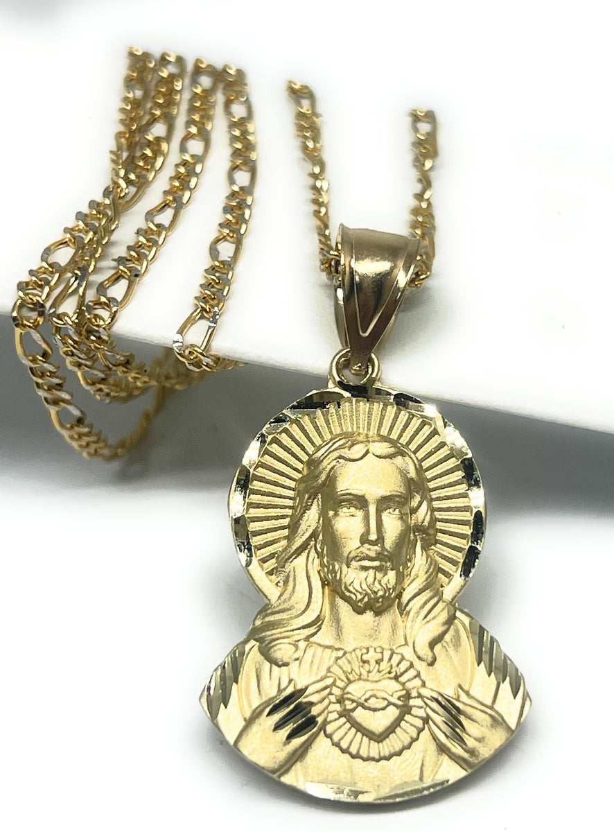 14k Solid Gold Yellow Gold Classic Jesus Sagrado Corazon Pendant Necklace (SM, LG)