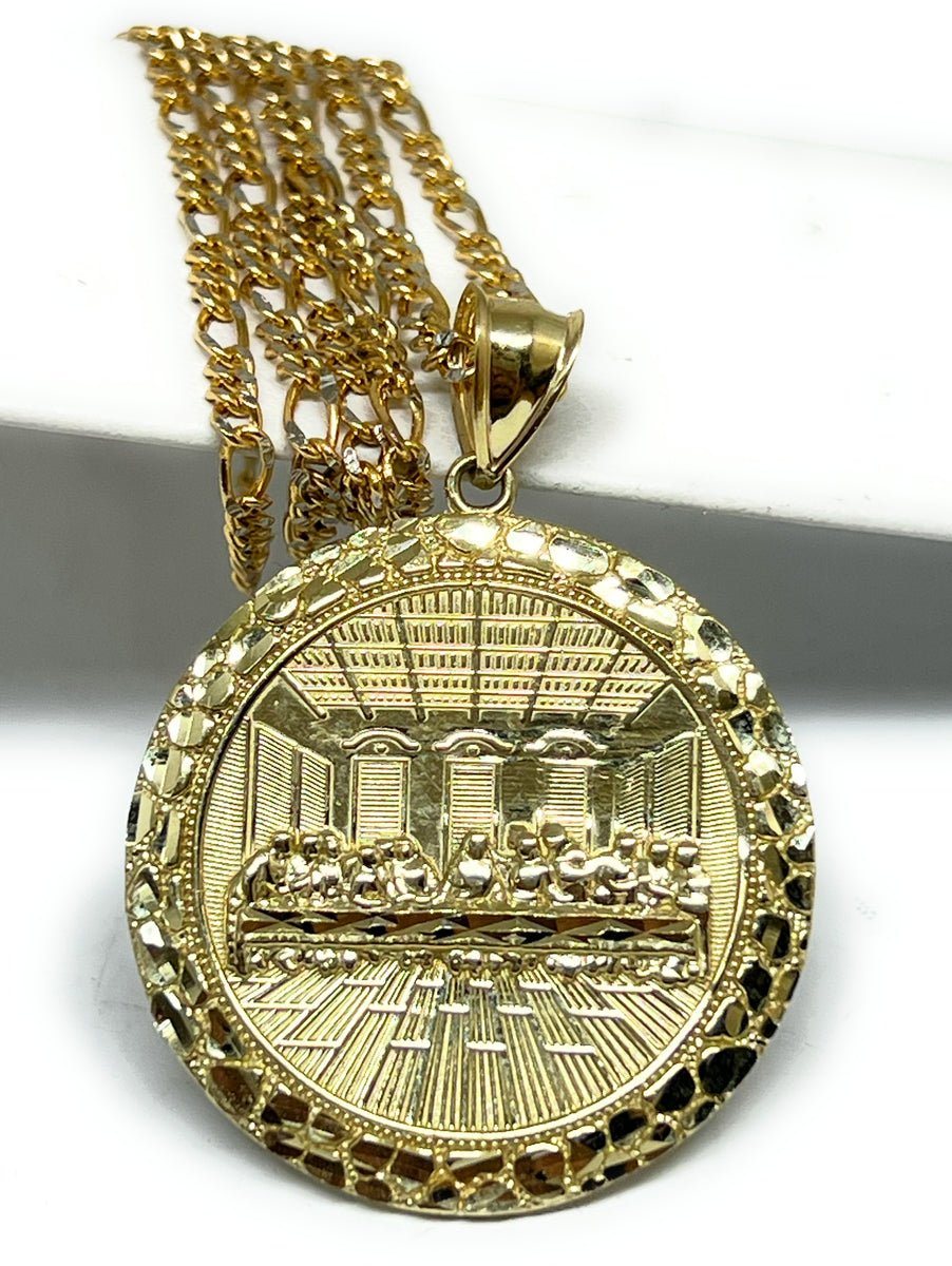 10k Solid Gold Yellow Jesus Last Supper NUGGET BORDER Pendant Necklace  (MED, LG)