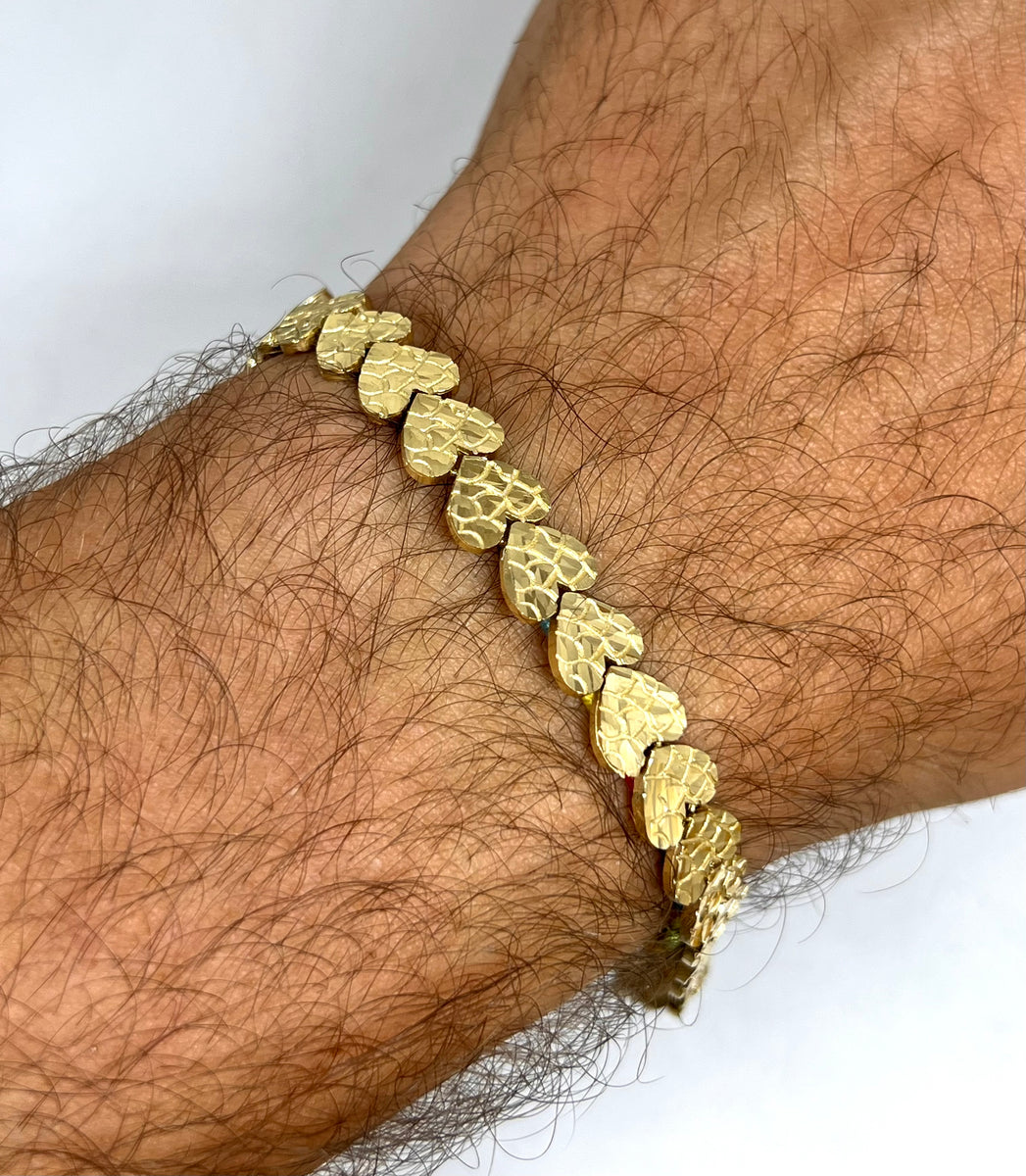 10k Solid Gold Yellow NUGGET HEARTS 7.25-7.75 INCH 8.5MM BRRACELET