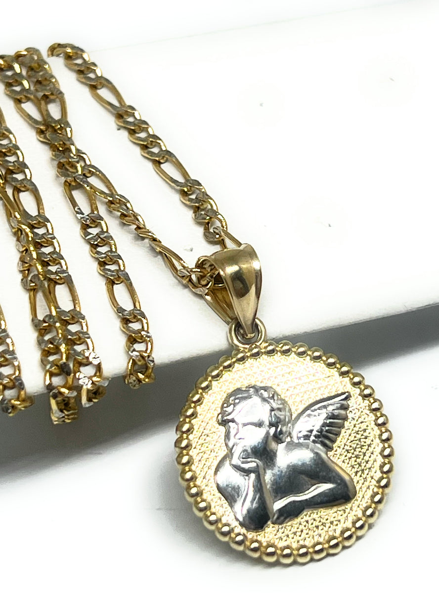 14k Solid Gold 2-Tone ANGEL MEDALLION Pendant Necklace
