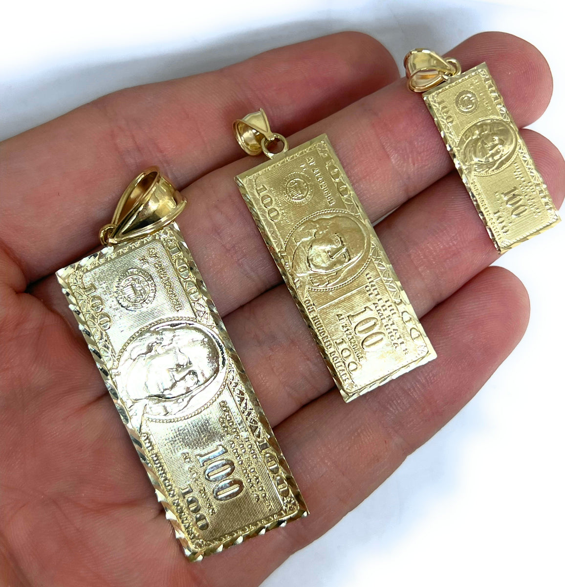 10k Solid Gold 100 Dollar Bill Pendant Necklace (SM, MED, LG)