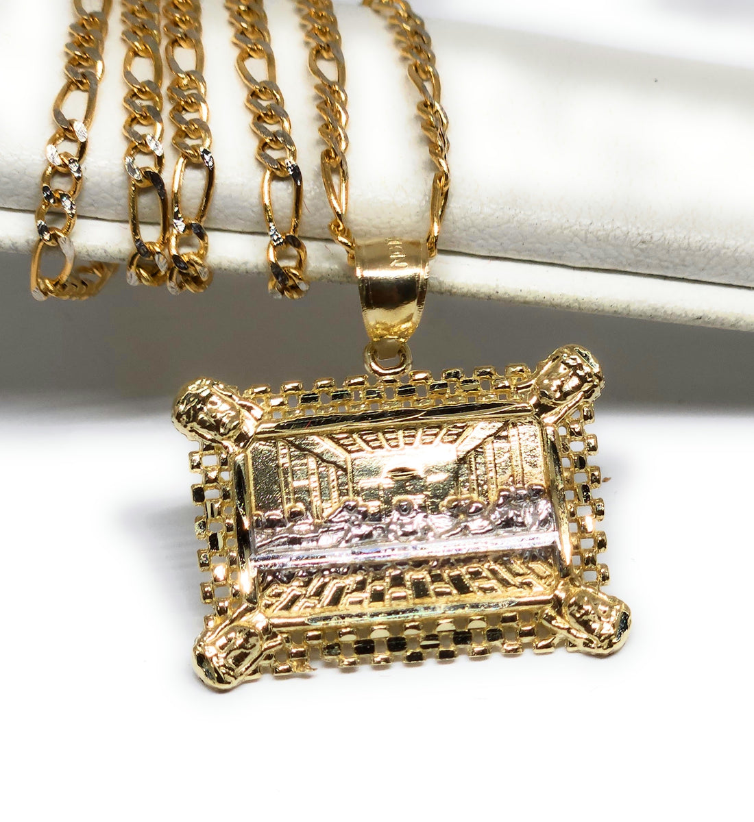 10k Solid Gold 2-TONE Jesus Last Supper SQUARE Pendant Necklace