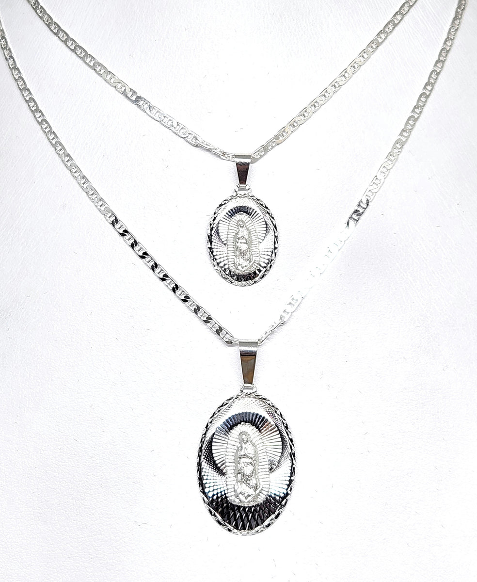 .925 Silver Virrgin Marry Laser Cut OVAL Pendant Necklace (MED,LG