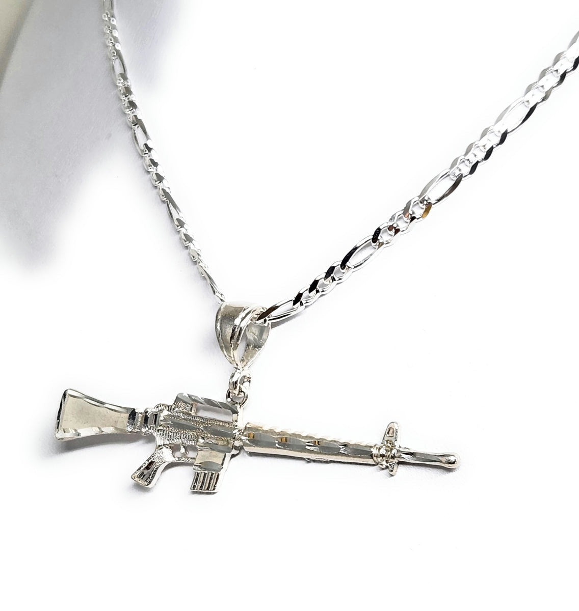 925 SILVER M-16 RIFLE MACHINE GUN Pendant Necklace with Figaro