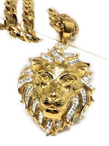 Iced Out Hip Hop Gold Plated Lion Face Head CZ Pendant 30" Cuban Link Chain 7mm - Fran & Co. Jewelry