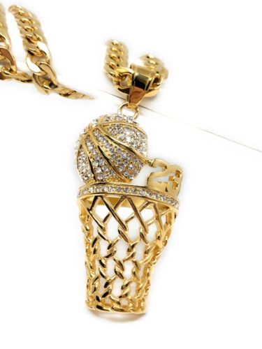 Men Iced Out Hip Hop Gold Plate BasketBall Hoop CZ Pendant 30" Cuban Link Chain - Fran & Co. Jewelry