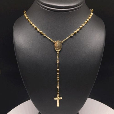 Gold Plated 20" Tri-Color Virgin Mary Rosary 4mm Beads / 20" Rosario de Oro Laminado Tres Colores Con Guadalupe y Cruz Jesus Bolas de 4mm - Fran & Co. Jewelry
