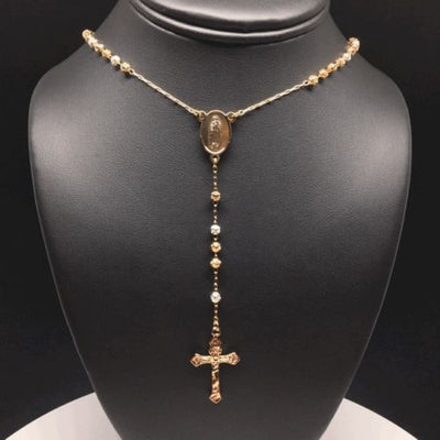 26" Gold Plated Tri-Color Virgin Mary Rosary with 4mm Beads / 26" Rosario De Oro Laminado Tres Colores Con Guadalupe Y Cruz Jesus Bolas De 4mm - Fran & Co. Jewelry