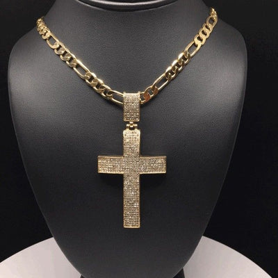 Men Hip Hop Gold Plated Iced Out Cross CZ Pendant Necklace 26" Figaro Chain 7mm - Fran & Co. Jewelry