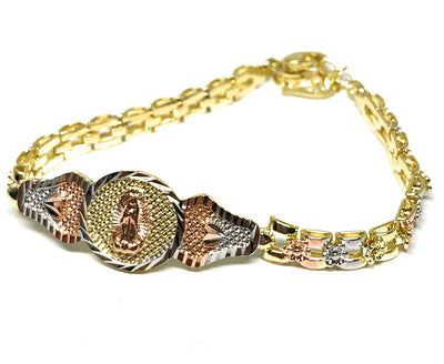 Gold Plated Tri-Color Virgin Mary Bracelet Virgen De Guadalupe Pulsera Tres Colores Oro Laminado 8" - Fran & Co. Jewelry