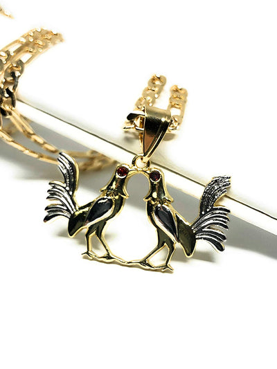Gold Plated Chicken Rooster Pendant Necklace Figaro 24" 4mm Dos Gallo Medalla Oro Laminado - Fran & Co. Jewelry