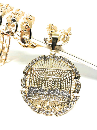 Men Iced Out Hip Hop Gold Plated Last Supper CZ Pendant Necklace 30" Cuban Link Chain 9mm - Fran & Co. Jewelry