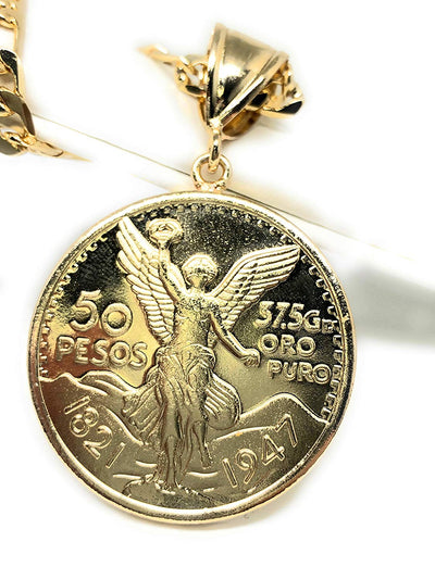 Gold Plated Mexican Coin Centenario Mexicano Moneda 50 Pesos Pendant Chain 26" - Fran & Co. Jewelry