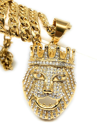 Men's Hip Hop Gold Plated Iced Out Lion Crown Face Head Pendant Necklace 30" Cuban Link 7mm - Fran & Co. Jewelry