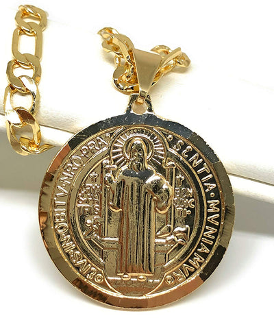 Gold Plated Saint Benedict Medal Pendant Necklace San Benito Medalla Oro Figaro 26" - Fran & Co. Jewelry