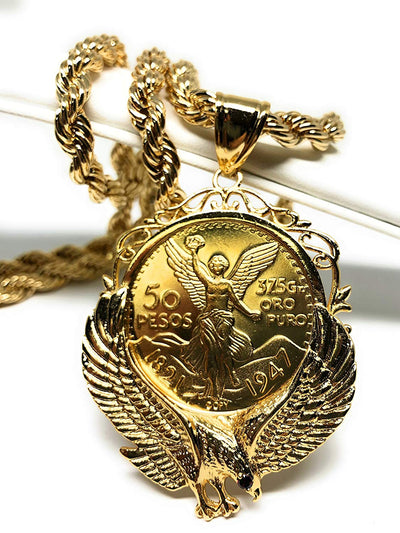 Gold Plated Mexican Coin Centenario Mexicano con Aguila Replica De Oro Laminado Con Cadena Torsal De 30" - Fran & Co. Jewelry