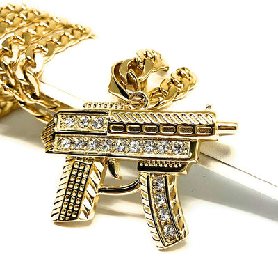 Men's Hip Hop Gold Plated Iced Out Uzi Machine Gun Pendant Necklace 30" Cuban Link Chain 7mm - Fran & Co. Jewelry