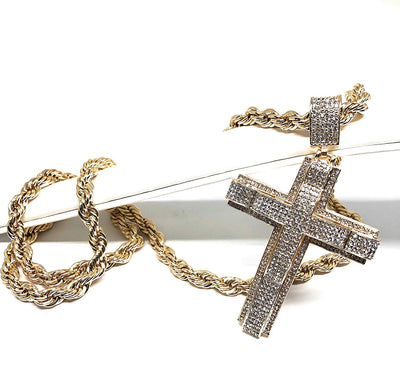 Men's Hip Hop Gold Plated Iced Out Cross CZ Pendant Necklace 30" Rope Chain 6mm - Fran & Co. Jewelry