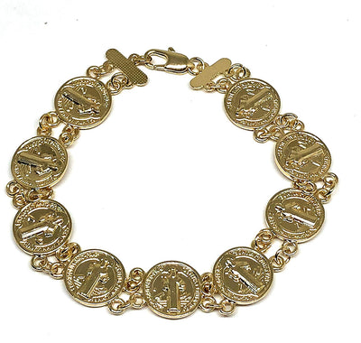 Gold Plated Saint Benedict Bracelet 7.5"/Pulsera de San Benito 7.5" Oro Laminado - Fran & Co. Jewelry