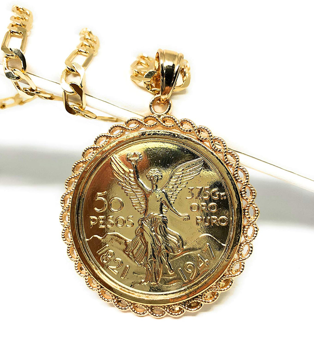 Gold Pl Coin Centenario Mexicano Moneda 50 Pesos Pendant Chain CZ Oro Cadena 26