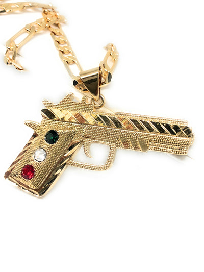 Gold Plated 45 Caliber Gun Pendant Necklace Pistola 45 Calibre Medalla 26" Figaro Chain 5mm - Fran & Co. Jewelry
