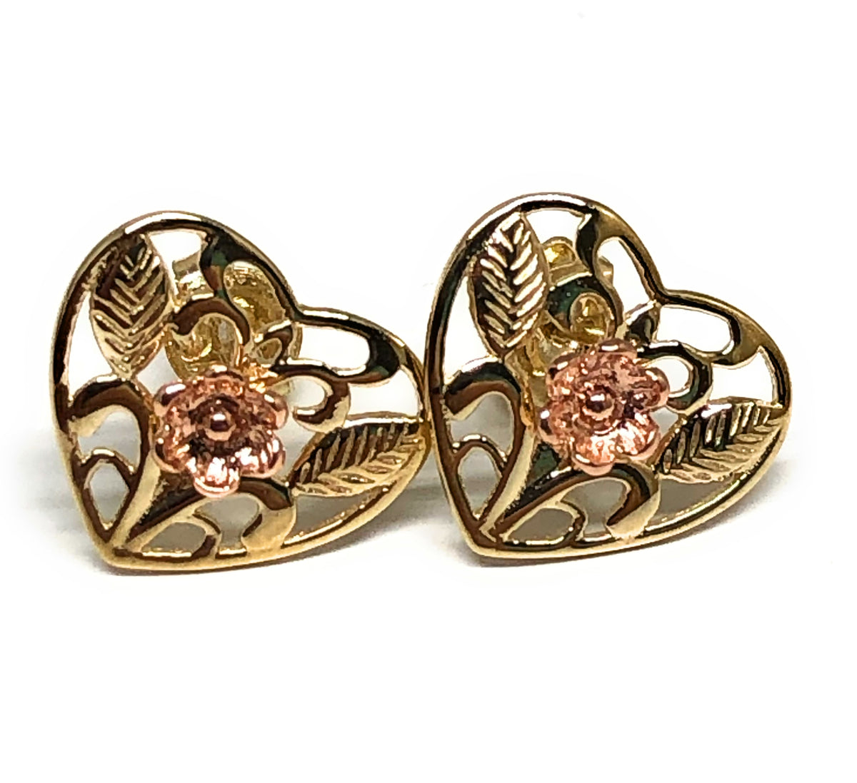 10k Solid Gold Yellow & Rose Gold Heart Flower Stud Earrings (FC)