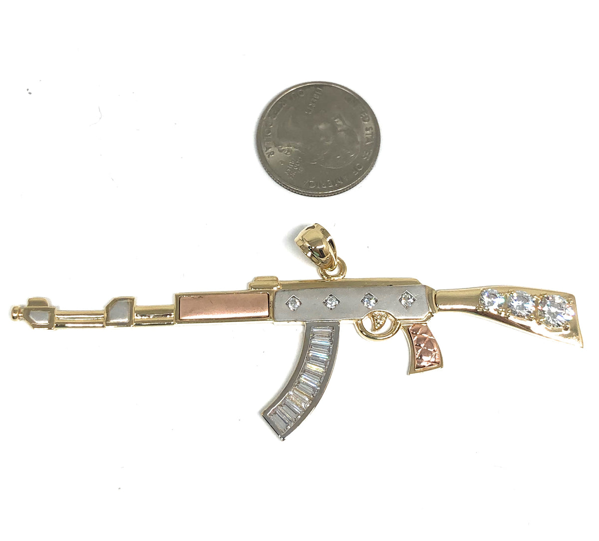 10k Solid Gold Tri-Color BIG XL CZ Machine Gun AK-47 Pendant (12.3