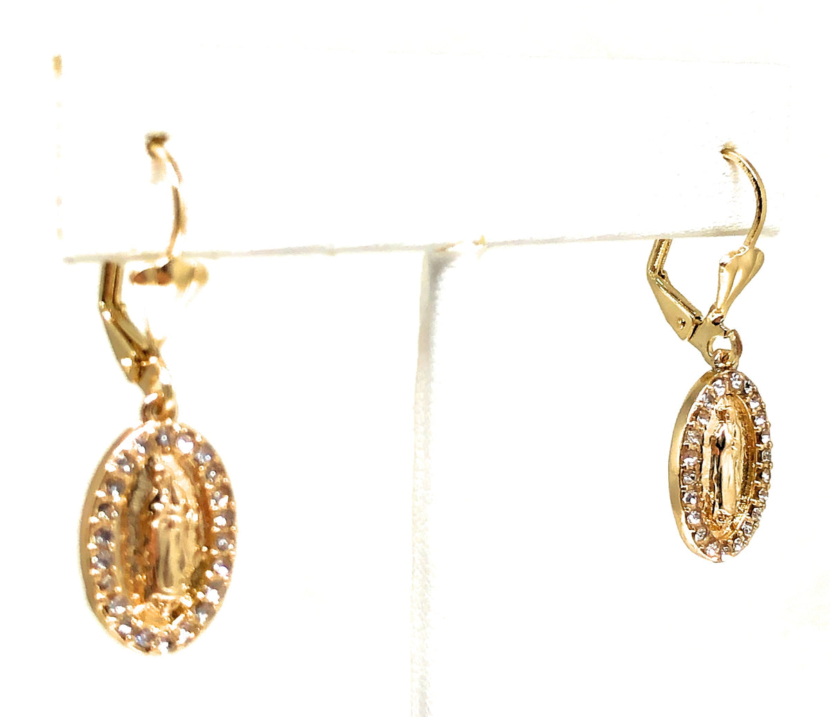 Gold Plated Virgin Mary Earrings w/ Stones Aretes Virgen