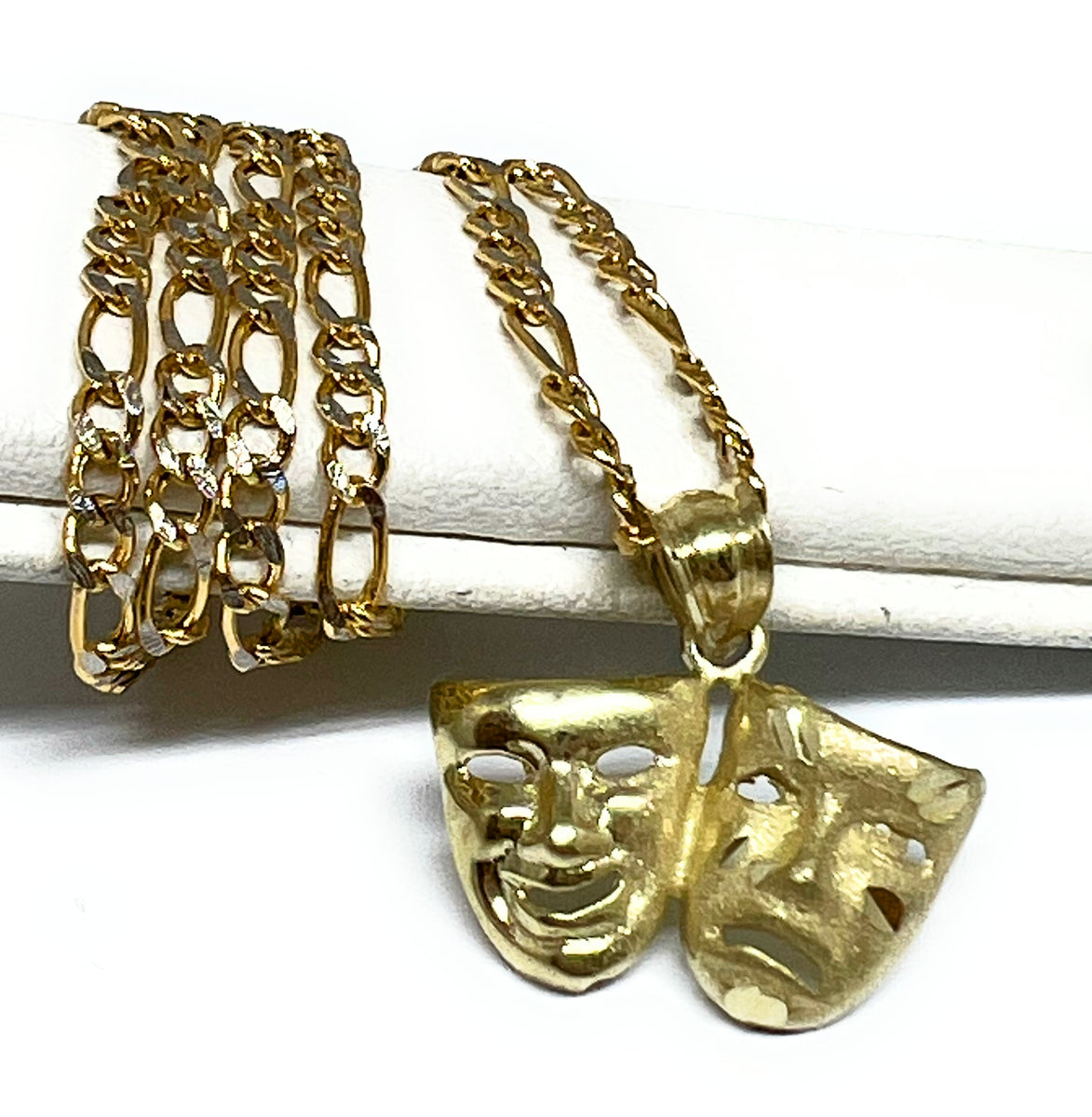 10k Solid Gold Classic Drama Faces (SMILE NOW CRY LATER) Pendant Necklace  with Figaro Chain