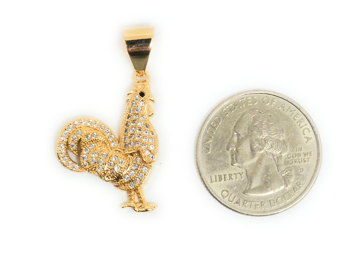 14K Gold Plated Rooster (Gallo) Pendant Charm With CZs On 24" 2-Color Gold Plated Chain