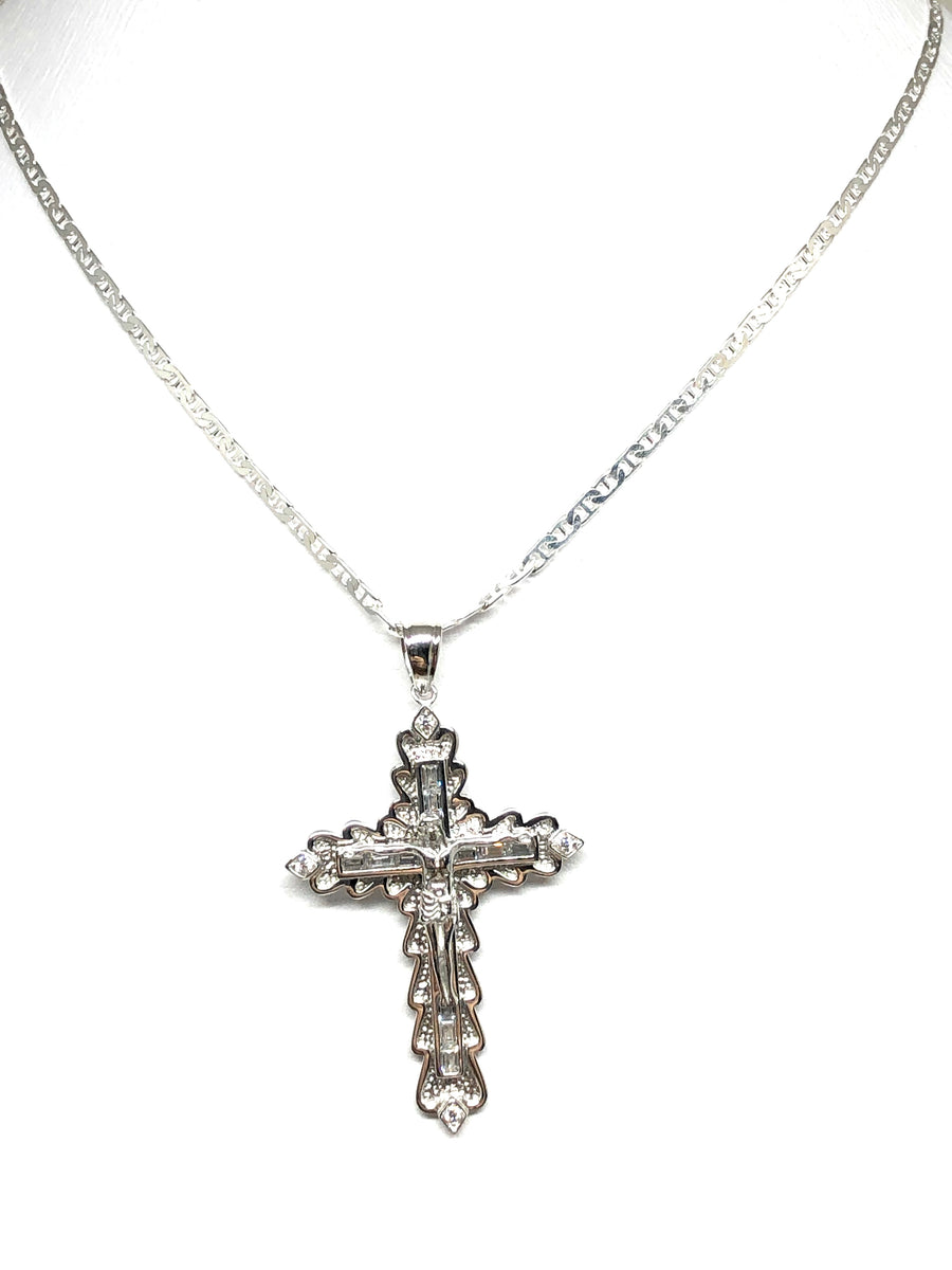 .925 Silver Jesus Cross Crucifix CZ Pendant Necklace with Valentina Ch