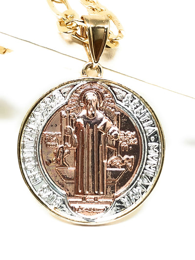 Gold Plated 2-Tone Saint Benedict Medal Pendant Necklace San Benito Medalla Oro Figaro 26" - Fran & Co. Jewelry
