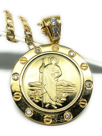 Gold Plated Saint Jude Pendant Necklace Figaro 26" San Judas Tadeo Virgen Centenario Medalla Oro Laminado - Fran & Co. Jewelry