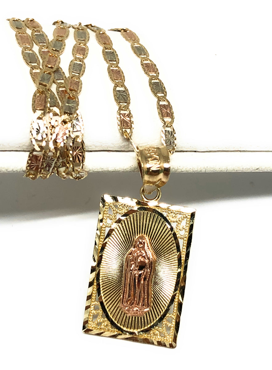 14k Solid Gold Yellow Rose Virrgin Mary Square Pendant Virrgen Guadalupe  Necklace