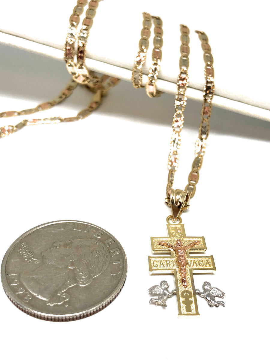 10k Solid Gold Tri-Color Jesus Caravaca Angel Crucifix Cross with