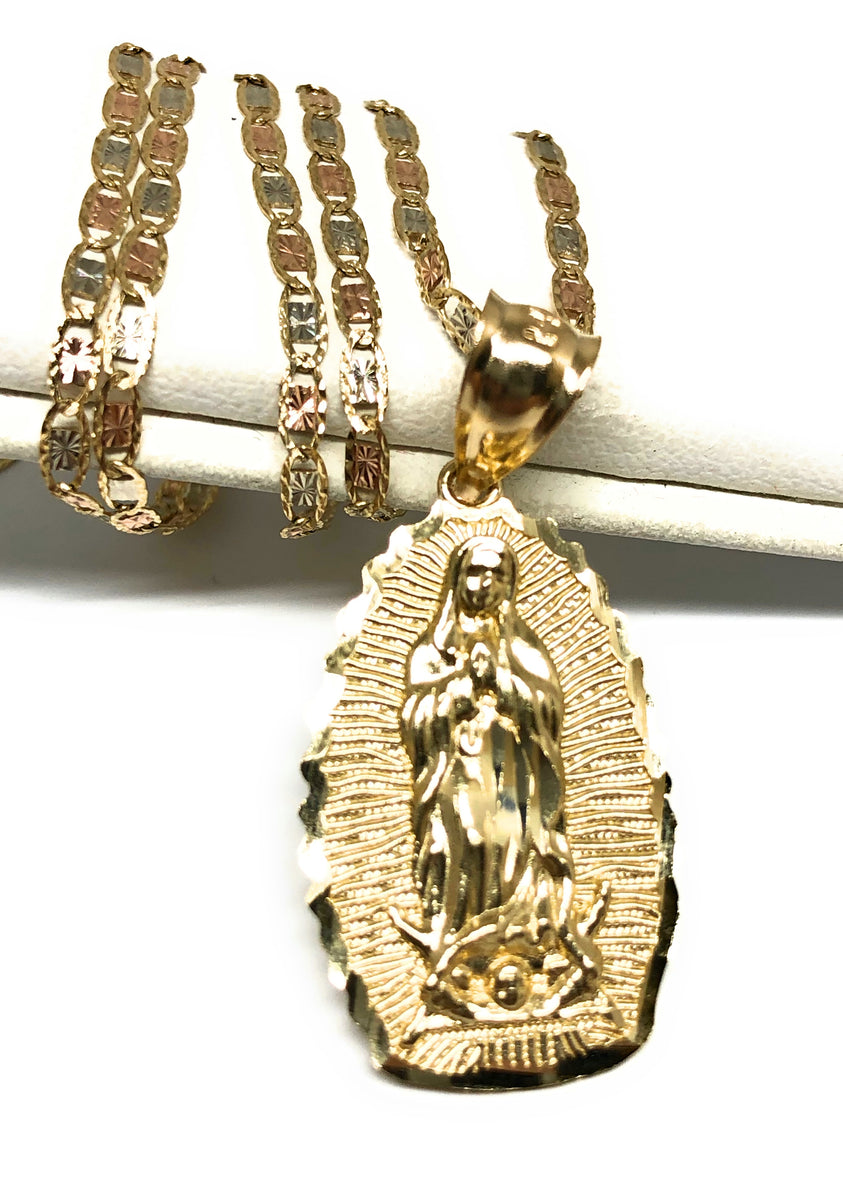 14k Solid Gold Classic Virrgin Mary Pendant Necklace Virrgen Gaudalupe Chain (LG, MED, SM)