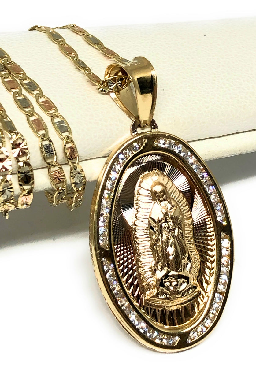 14k Solid Gold Tri-Color Virrgin Mary CZ Oval Pendant Necklace Virrgen ...