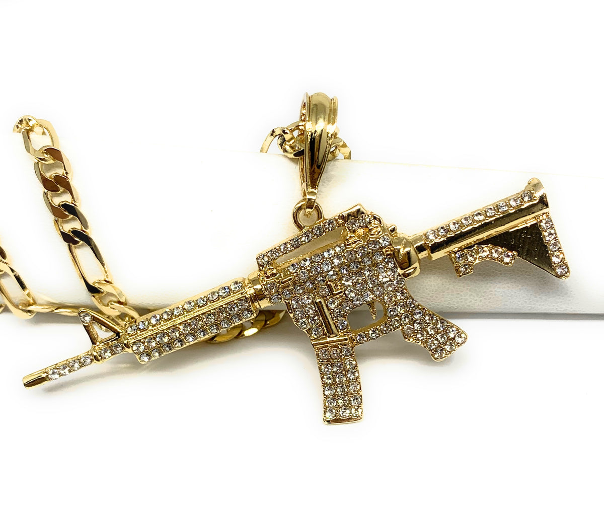 Men Gold Plated Iced Out Cueno de Chivo Ak-47 Machine Gun Pendant