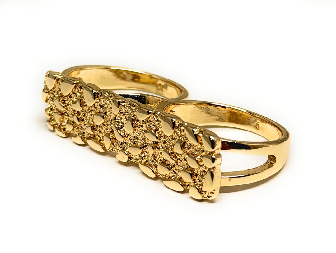 GOLD PLATED CLASSIC TWO FINGER NUGGET RECTANGLE RING ANILLO – Fran GOLD PLATED CLASSIC TWO FINGER NUGGET RECTANGLE RING ANILLO – Fran