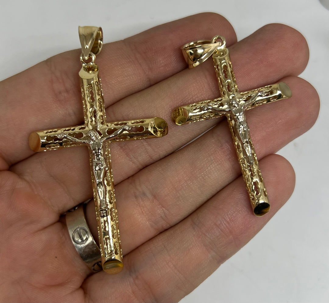 14k Solid Gold 2-Tone Jesus Hollow Termite Cross Pendant Necklace