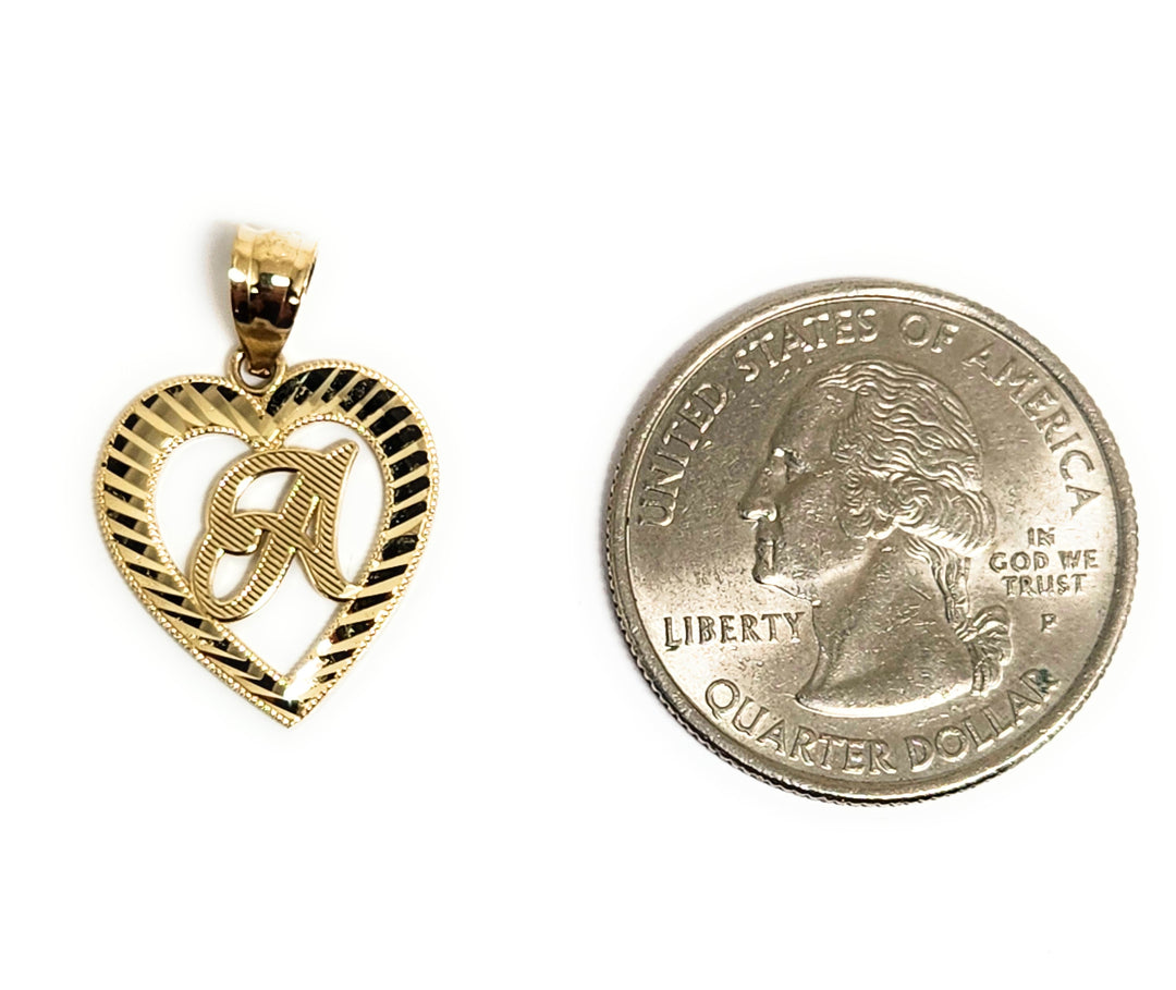 10k Solid Gold Initial Pendant - Heart Frame With Diamond Cut Finish, Personalized Alphabet Charm