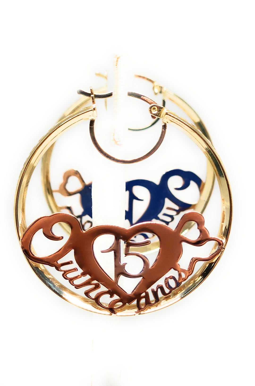 14k Solid Gold Tri-Color QUINCE AÑOS HEART CZ Hoop Earrings – Fran