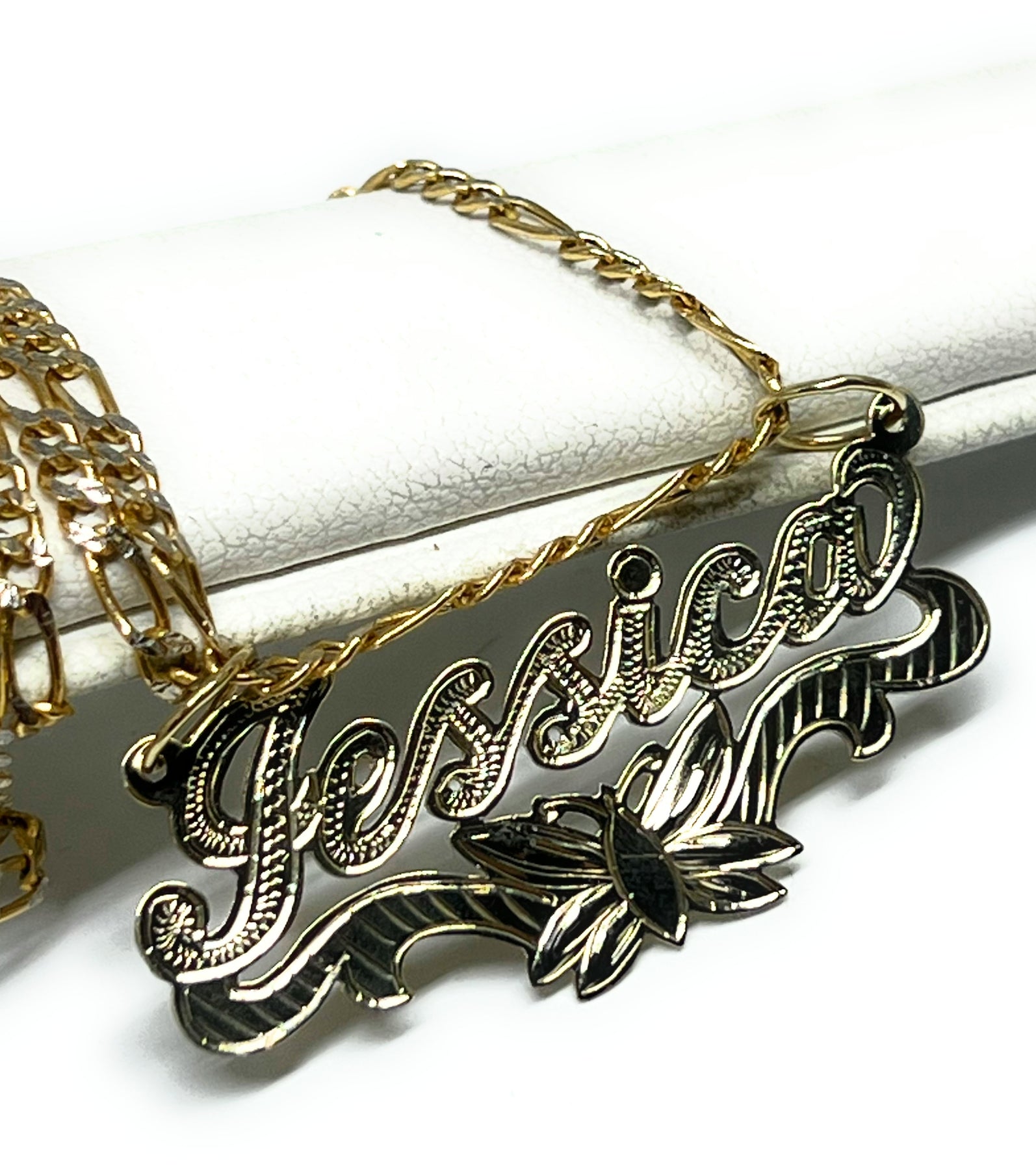 14k Solid Gold Yellow ENGRAVED Cursive Butterflies Custom Nameplate Pe ...