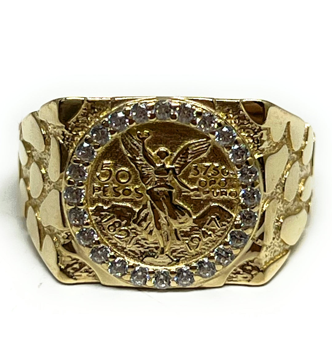 10k Solid Gold MEXICAN CENNTENARIO 50 COIN NUGGET CZ Ring (SM
