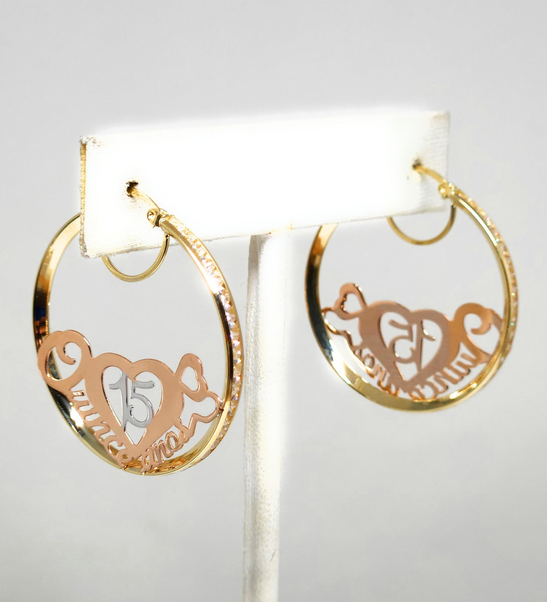 14k Solid Gold Tri-Color QUINCE AÑOS HEART CZ Hoop Earrings – Fran