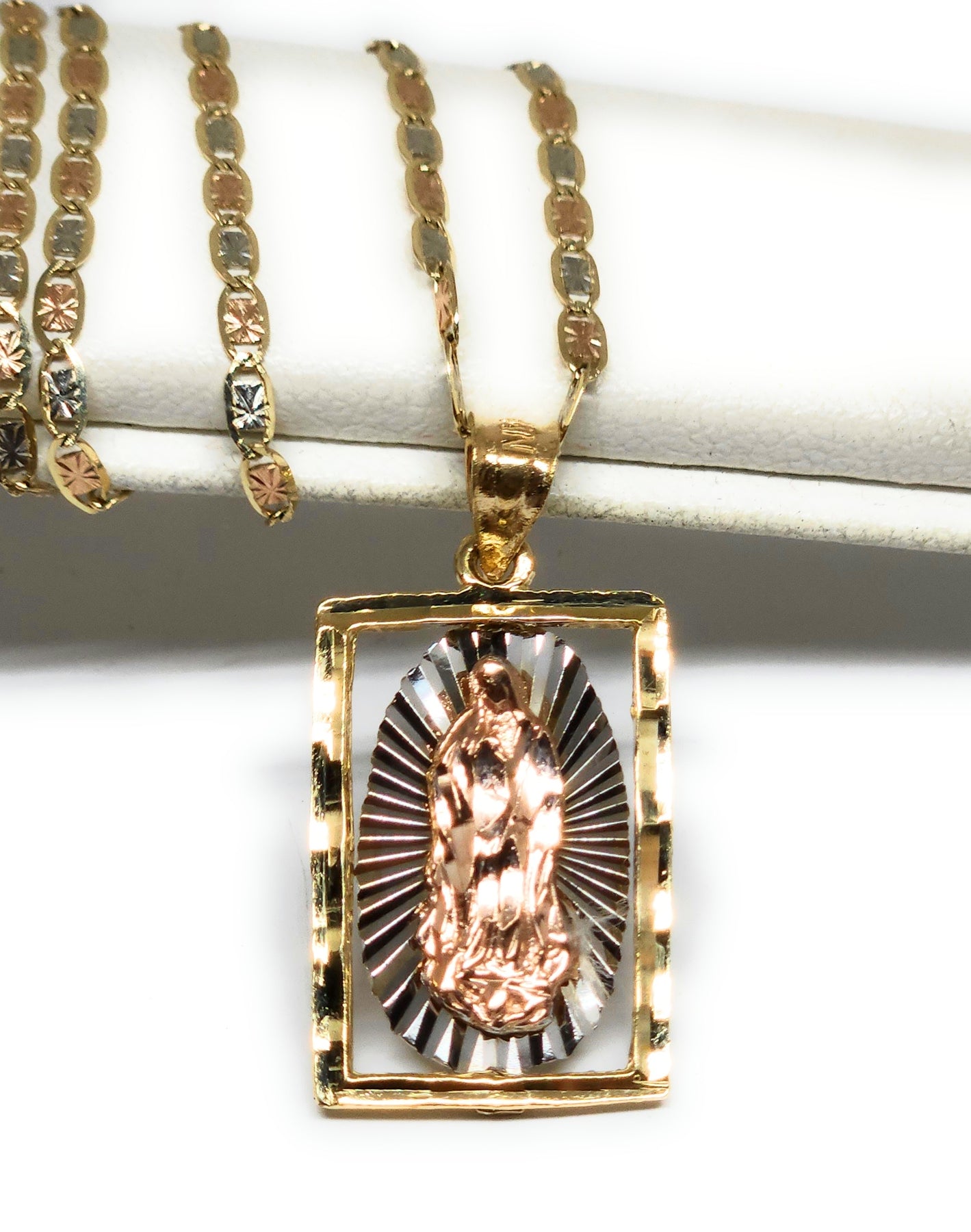 Stainless Steel Virgin Mary Guadalupe Pendant Necklace – 24" 3mm Box Chain, 14k Gold IP Plated