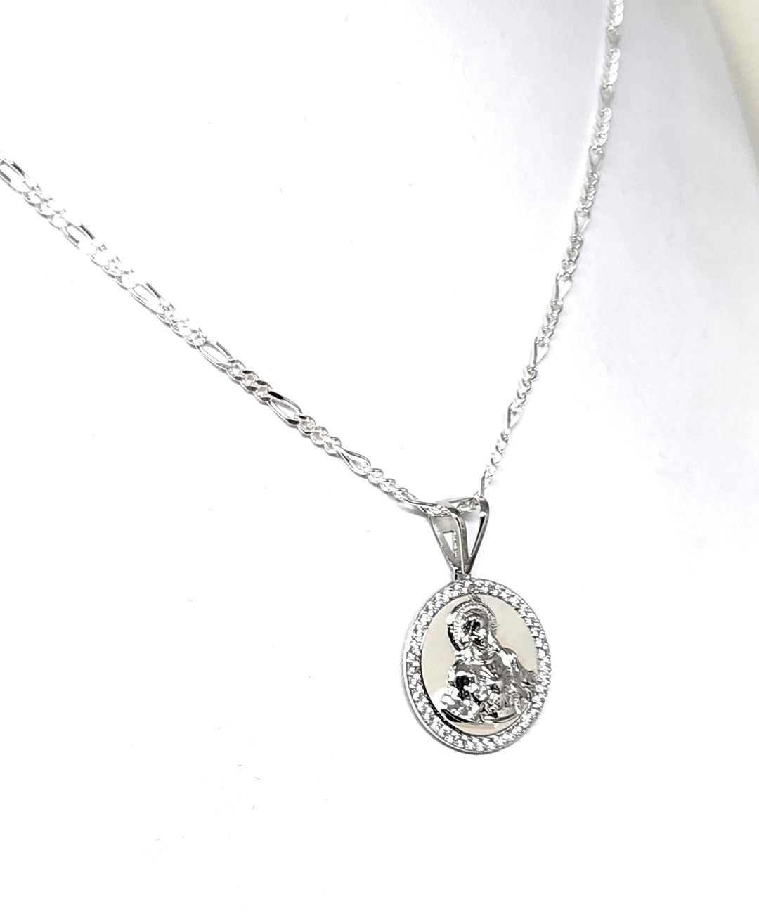925 Silver Jesus Sagrado Corazon CZ Pendant Necklace with Figaro