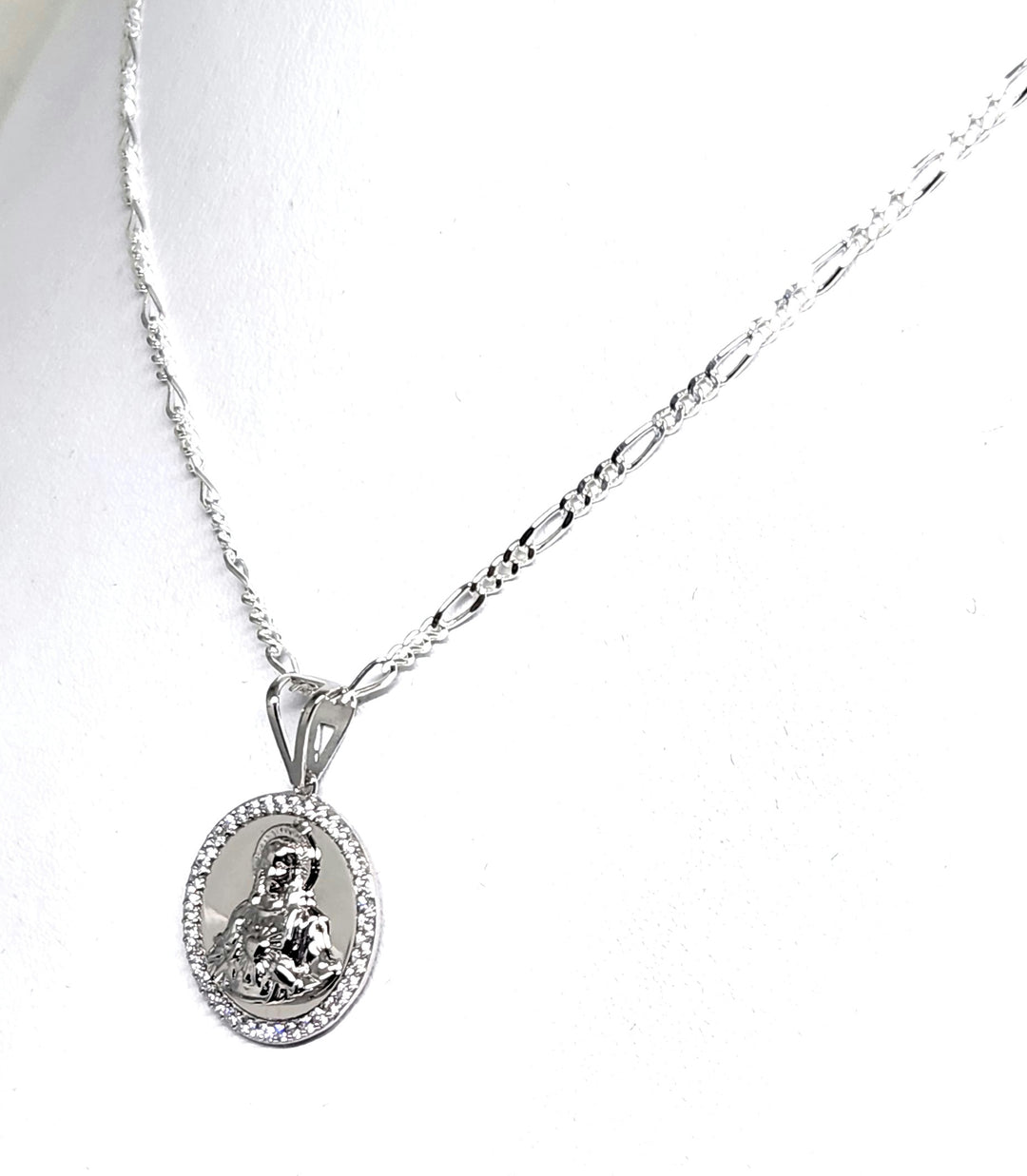 925 Silver Jesus Sagrado Corazon CZ Pendant Necklace with Figaro